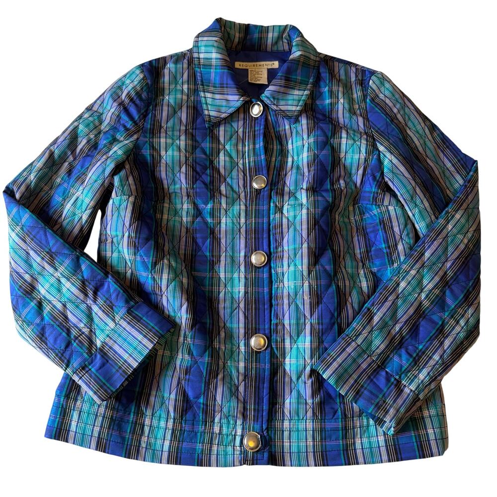 Blue Plaid Quilted Button Up Jacket Sz S Light Spring Preppy